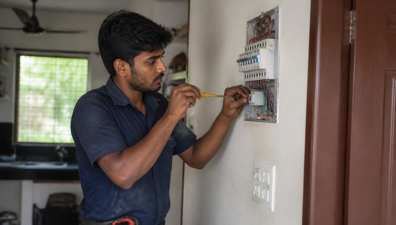 Electrician repairing a switchboard in a Kerala home